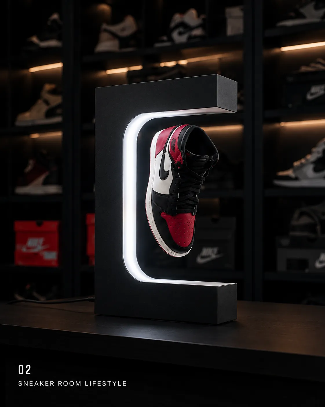 The display glowing in a dark sneaker room